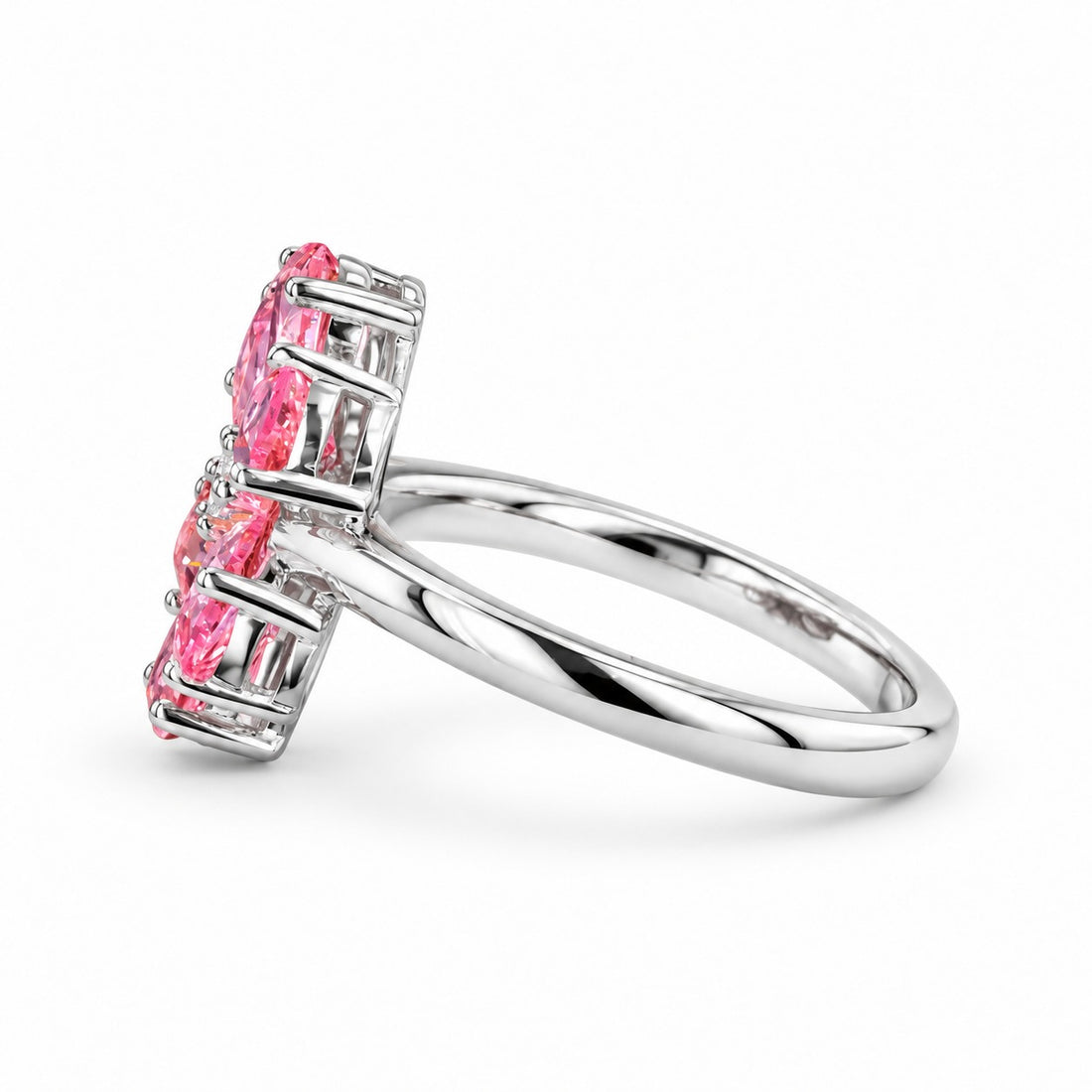 The Cherry Blossom pink sapphire flower ring in 14K white gold, side view