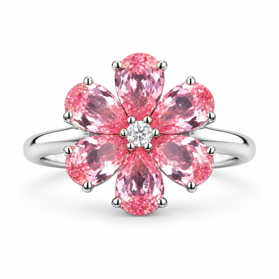 The Cherry Blossom — Six Petal Pink Sapphire Flower Ring in 14K white gold, front view