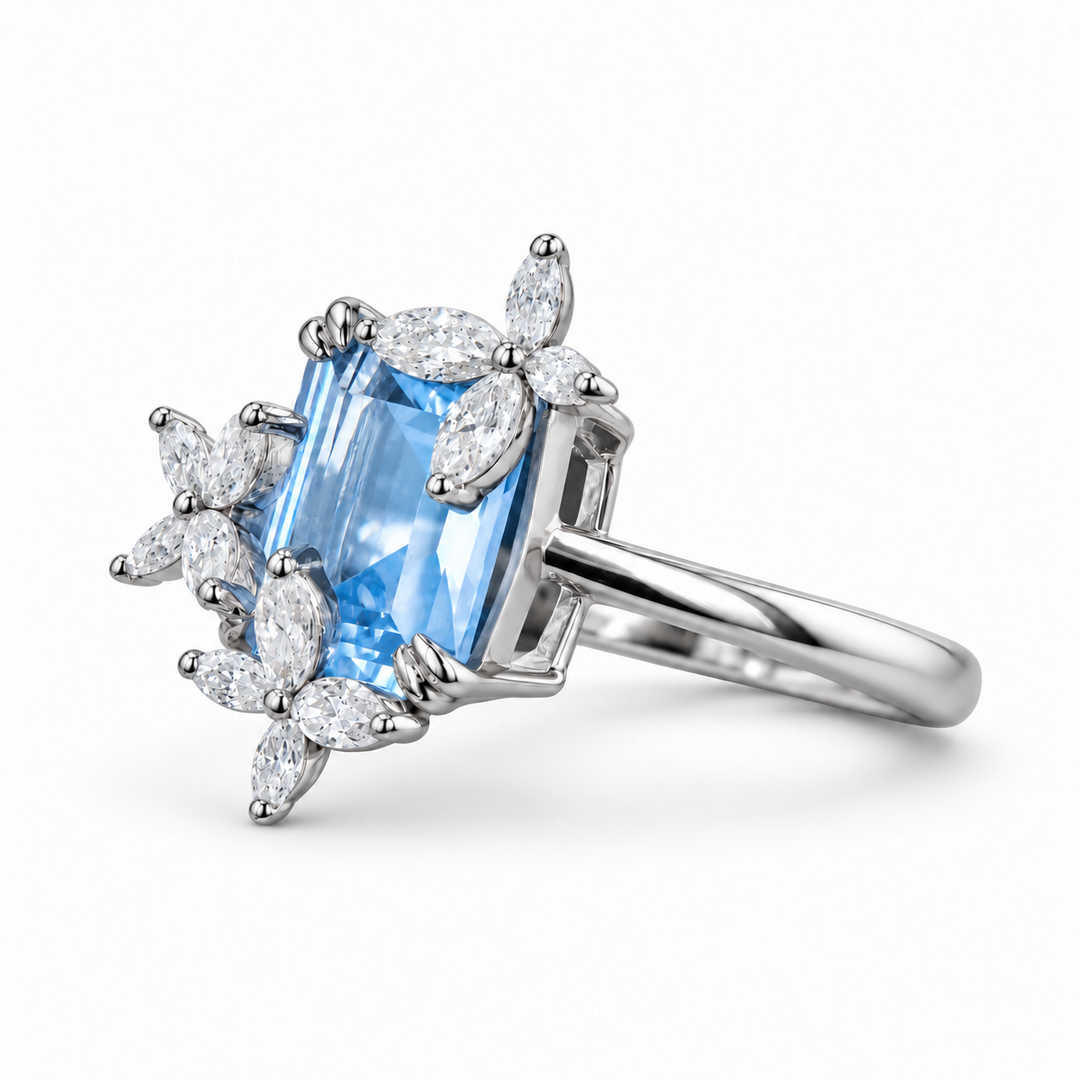 The Jardin light blue lab sapphire floral ring in platinum, angled view