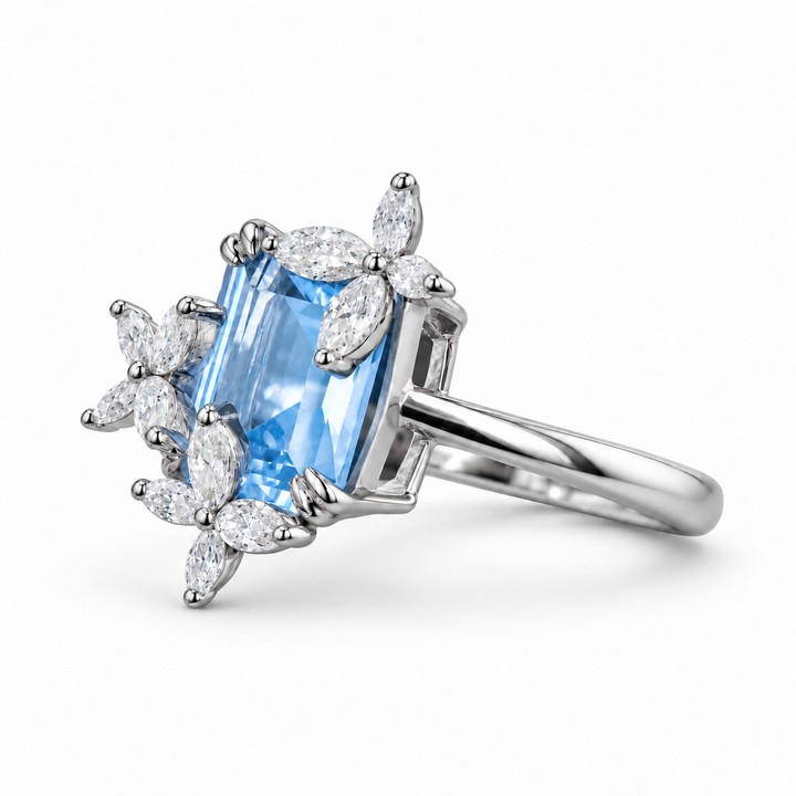 The Jardin light blue lab sapphire floral ring in platinum, angled view