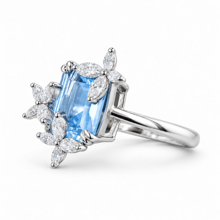 The Jardin light blue lab sapphire floral ring in 14K white gold, angled view