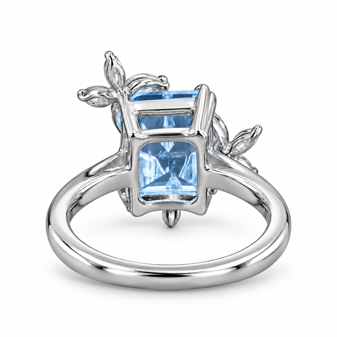 The Jardin light blue lab sapphire floral ring in platinum, back view