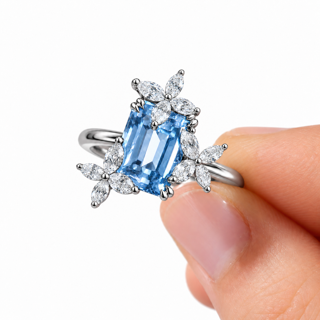 The Jardin light blue lab sapphire floral ring in platinum, detail view
