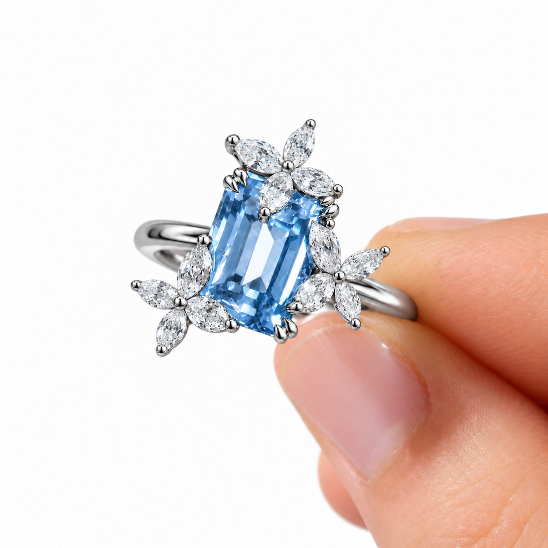 The Jardin light blue lab sapphire floral ring in platinum, detail view