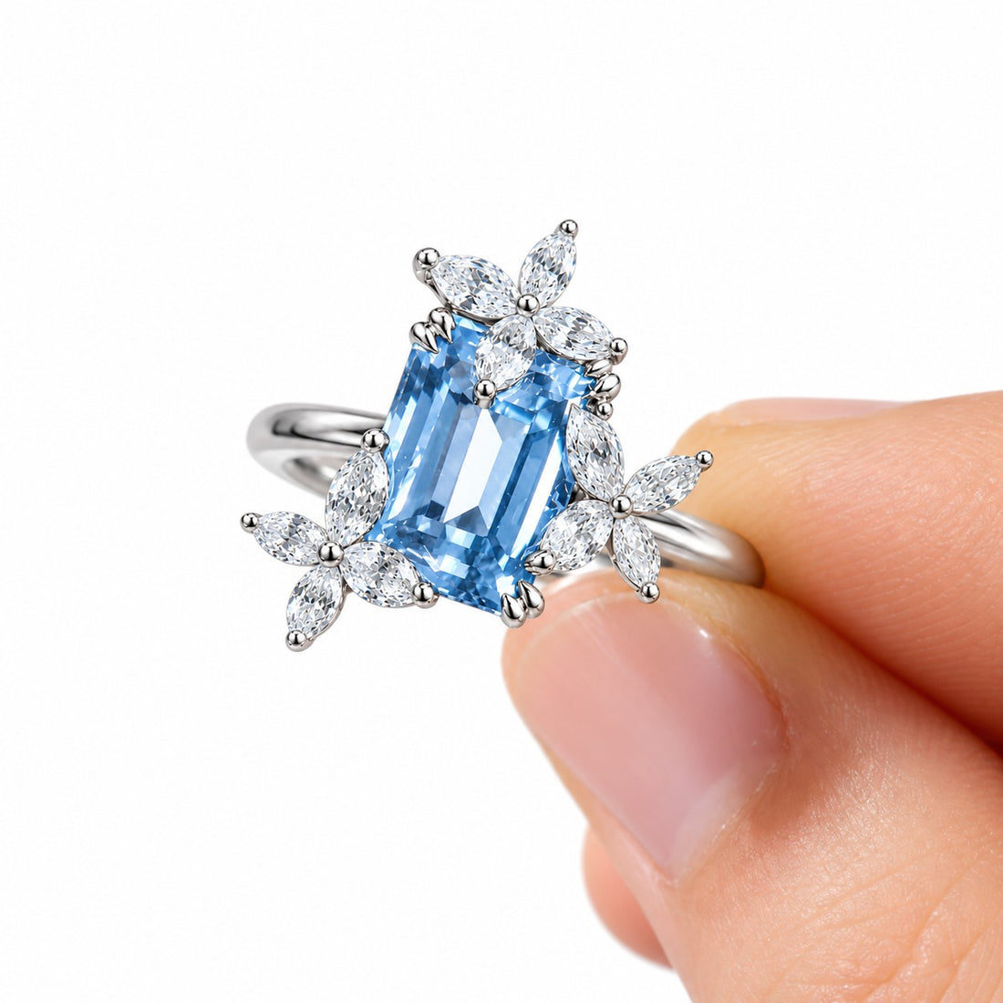 The Jardin light blue lab sapphire floral ring in 14K white gold, detail view
