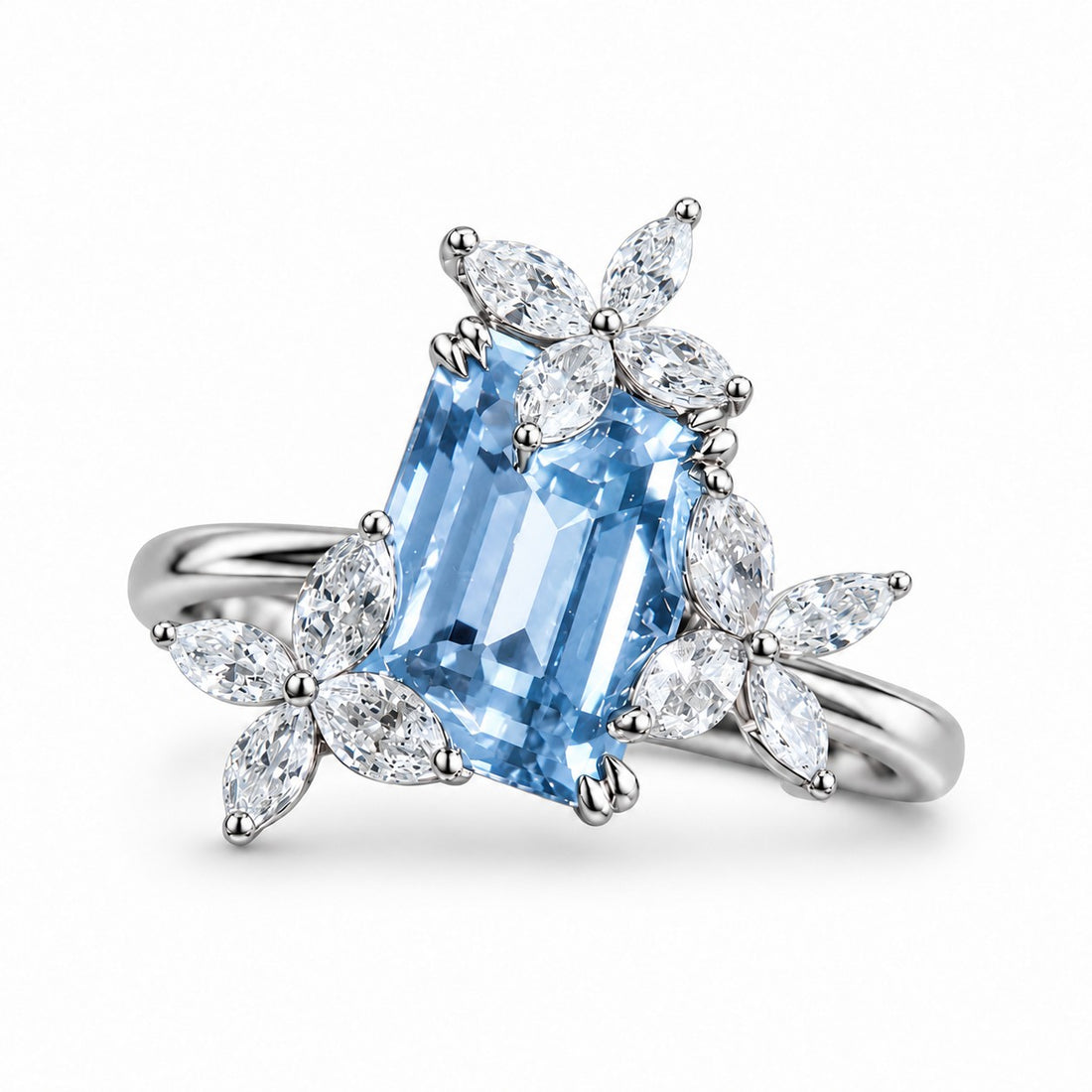 The Jardin — Emerald-Cut Light Blue Sapphire Floral Ring in platinum, front view