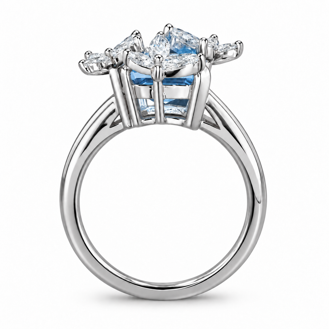 The Jardin light blue lab sapphire floral ring in platinum, profile view