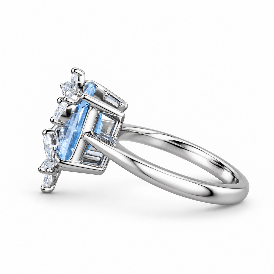 The Jardin light blue lab sapphire floral ring in platinum, side view