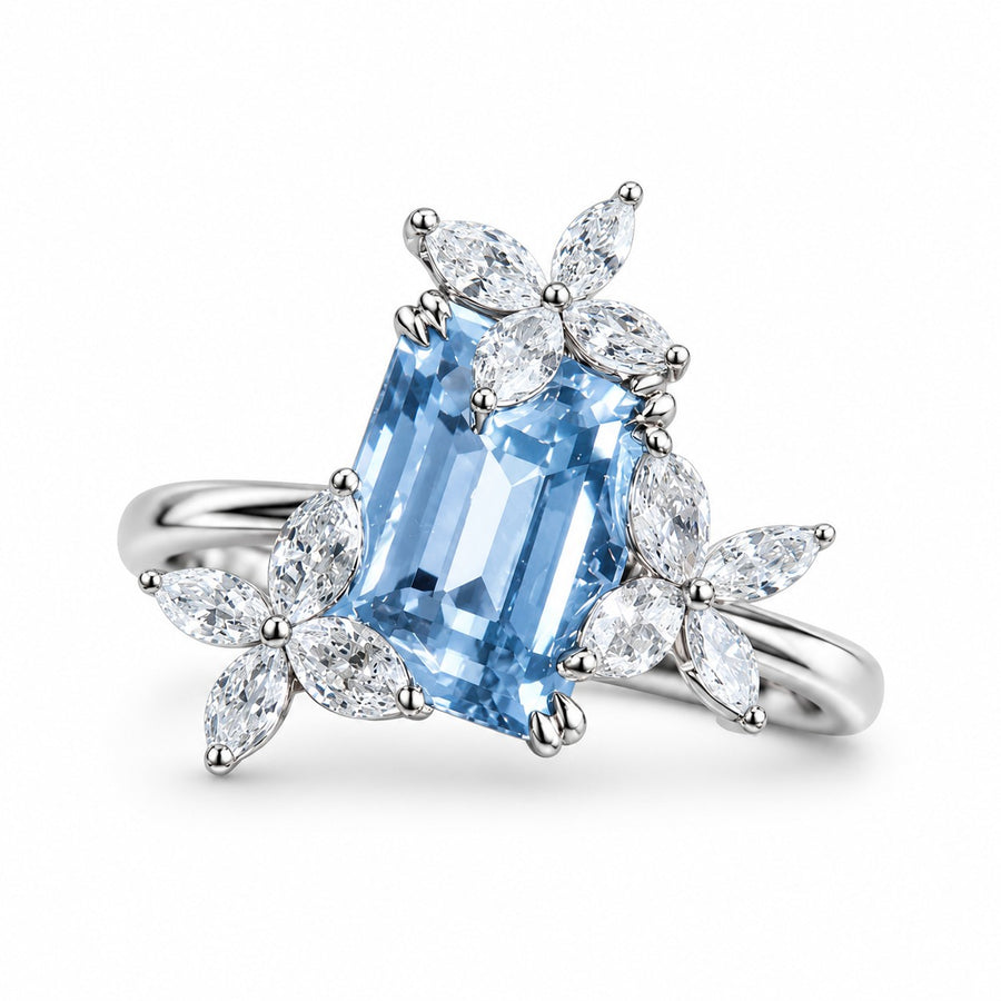 The Jardin — Emerald-Cut Sky Blue Sapphire Floral Ring