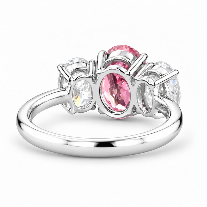 The Étoile oval pink lab sapphire three-stone ring in 14K white gold, back view
