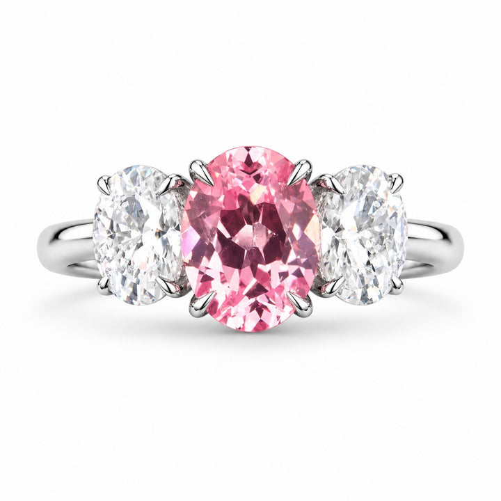 The Étoile — Oval Three-Stone Pink Sapphire Ring in 14K white gold, front view