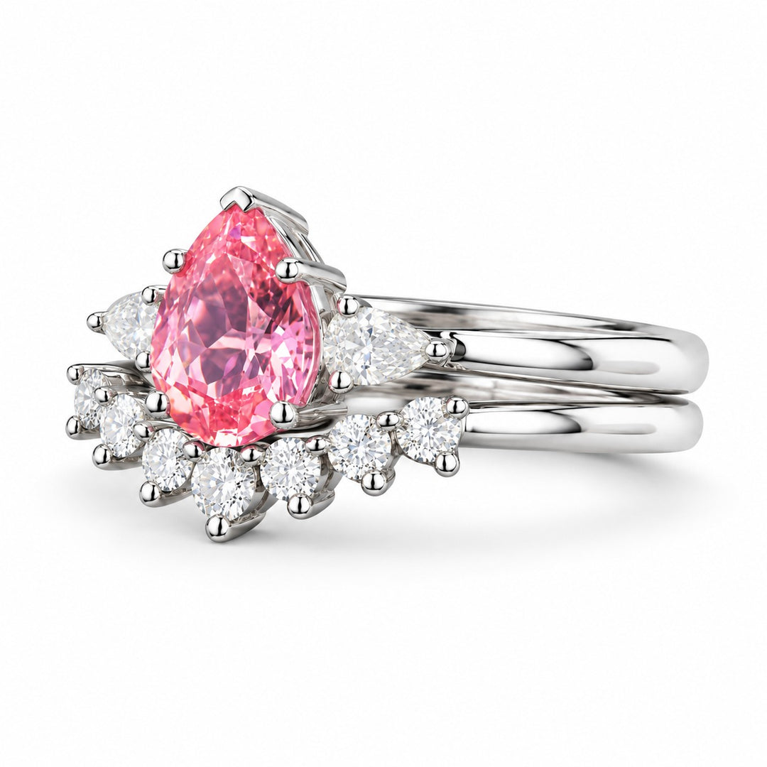 The Aubrey Set pink pear sapphire three-stone ring and diamond band in 14K white gold, angled view