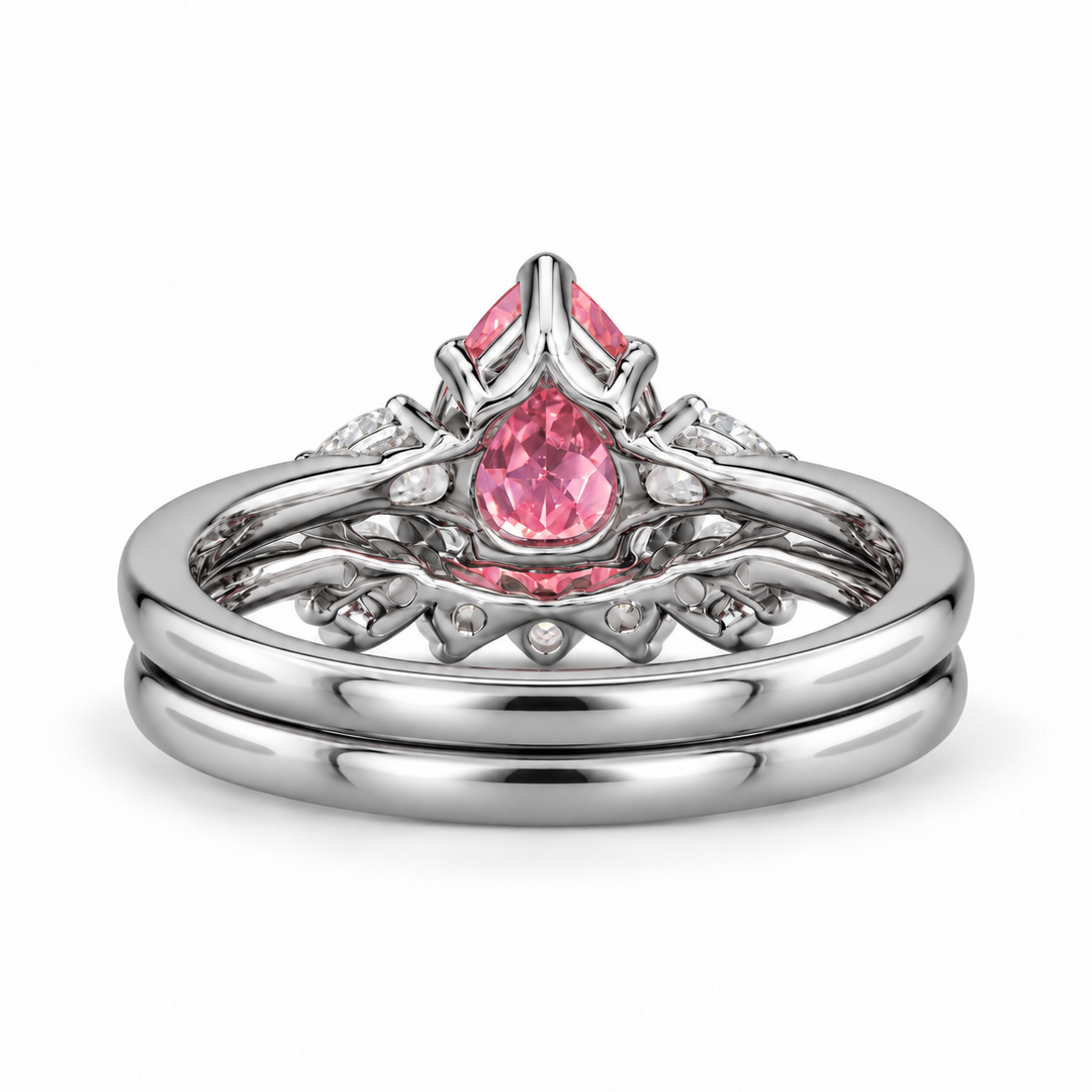 The Aubrey Set pink pear sapphire three-stone ring and diamond band in platinum, back view