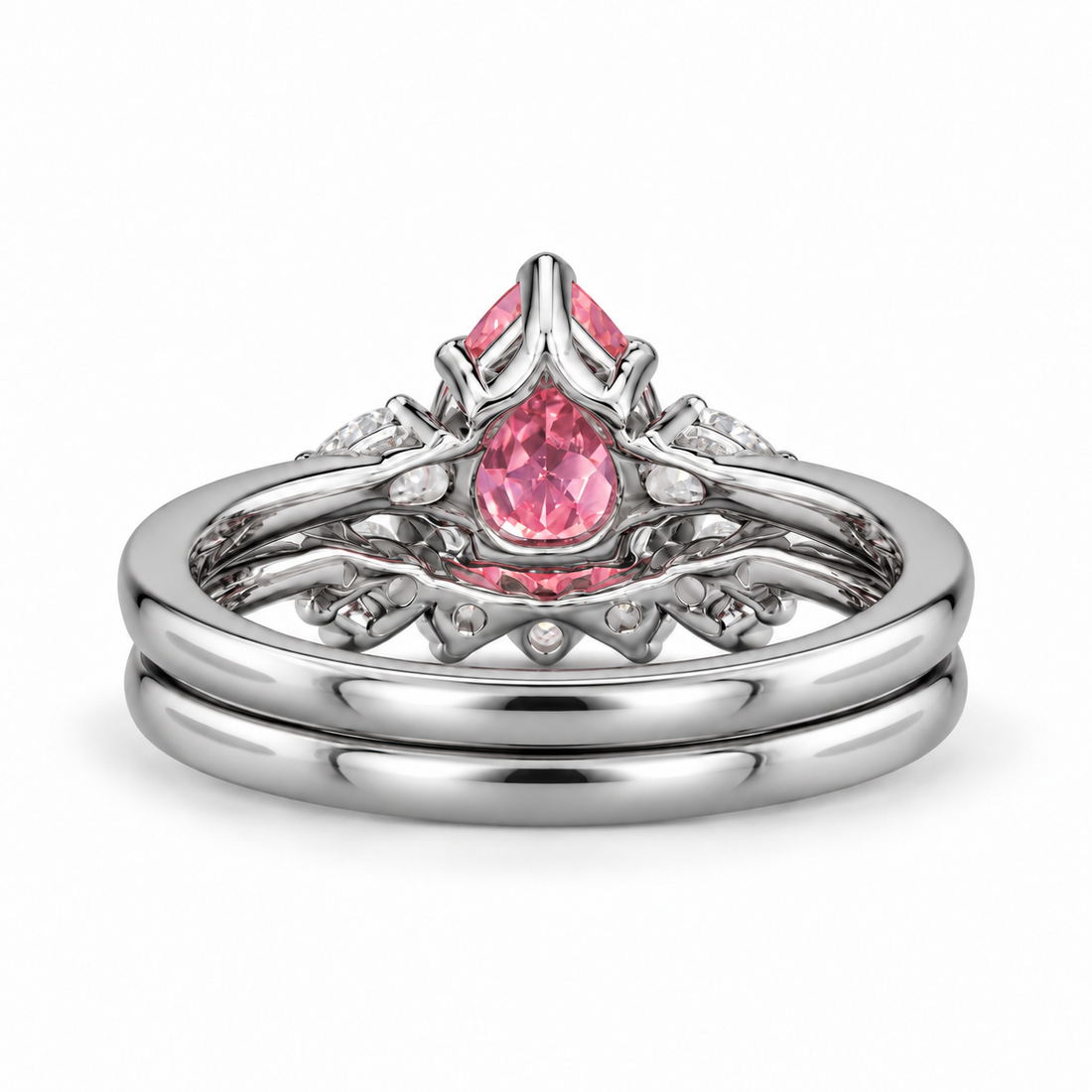 The Aubrey Set pink pear sapphire three-stone ring and diamond band in platinum, back view