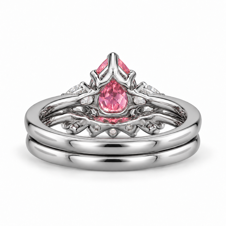 The Aubrey Set pink pear sapphire three-stone ring and diamond band in platinum, back view