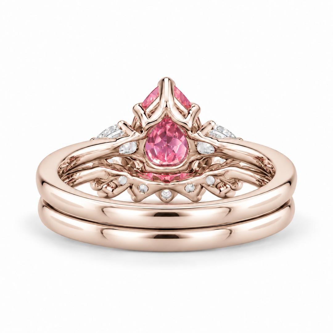 The Aubrey Set pink pear sapphire three-stone ring and diamond band in 14K rose gold, back view