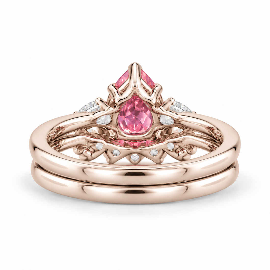 The Aubrey Set pink pear sapphire three-stone ring and diamond band in 14K rose gold, back view