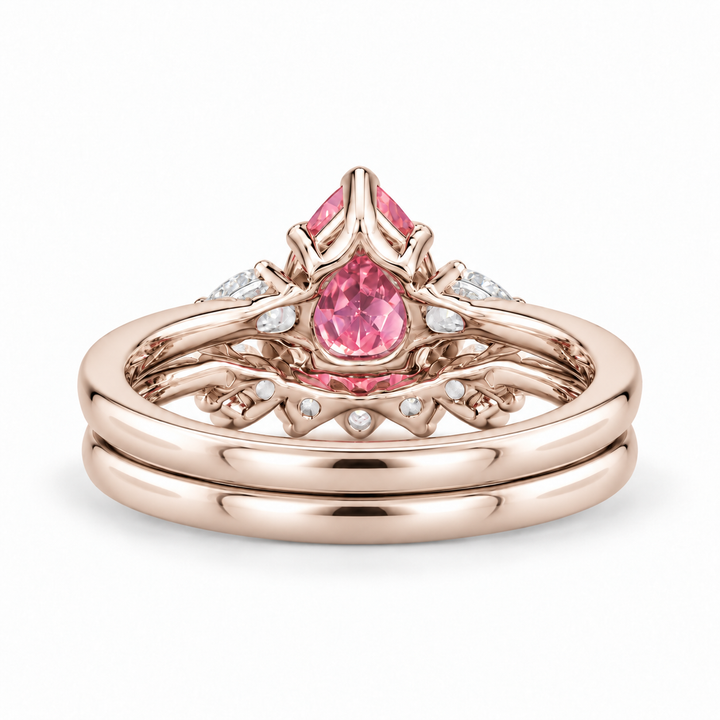 The Aubrey Set pink pear sapphire three-stone ring and diamond band in 14K rose gold, back view