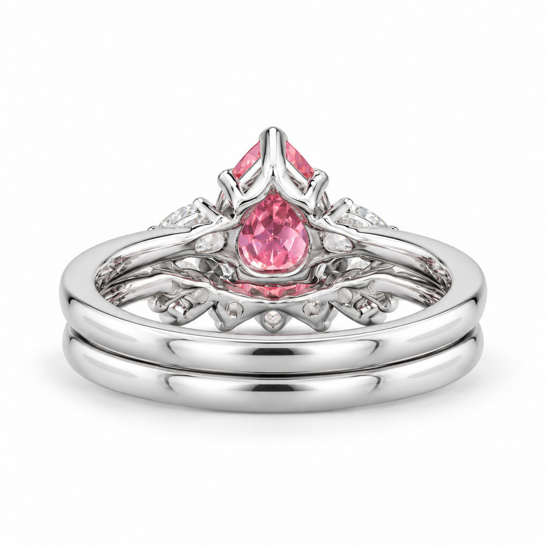 The Aubrey Set pink pear sapphire three-stone ring and diamond band in 14K white gold, back view
