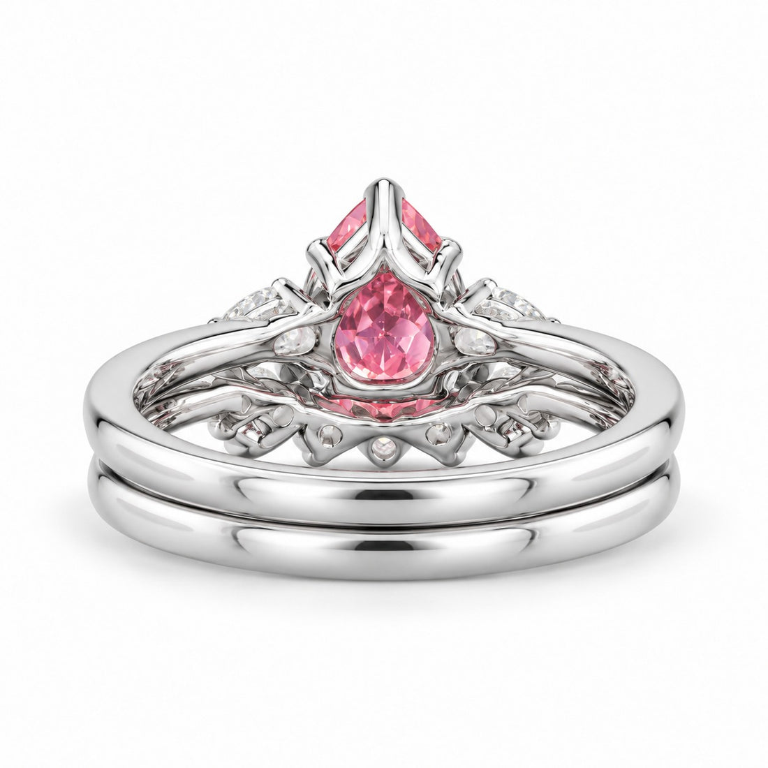The Aubrey Set pink pear sapphire three-stone ring and diamond band in 14K white gold, back view