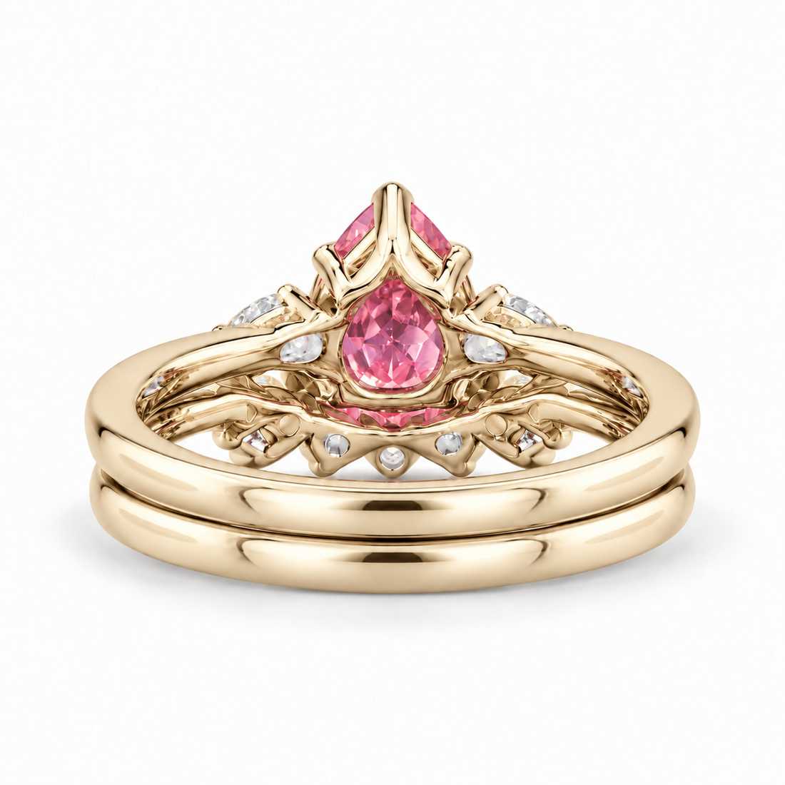 The Aubrey Set pink pear sapphire three-stone ring and diamond band in 14K yellow gold, back view