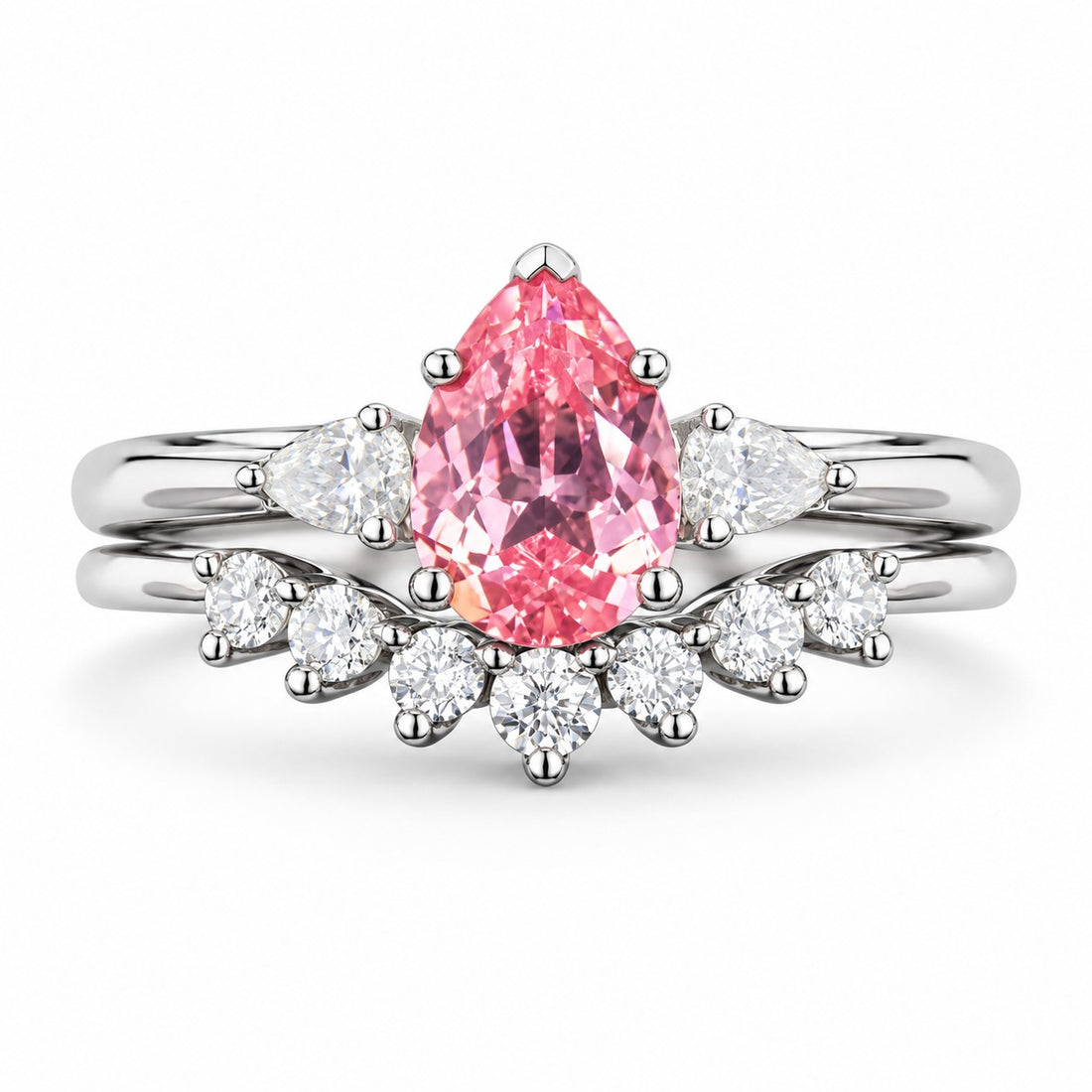 The Aubrey Set — Pink Pear Sapphire Three-Stone Ring with Diamond Stacking Band in 14K white gold, front view