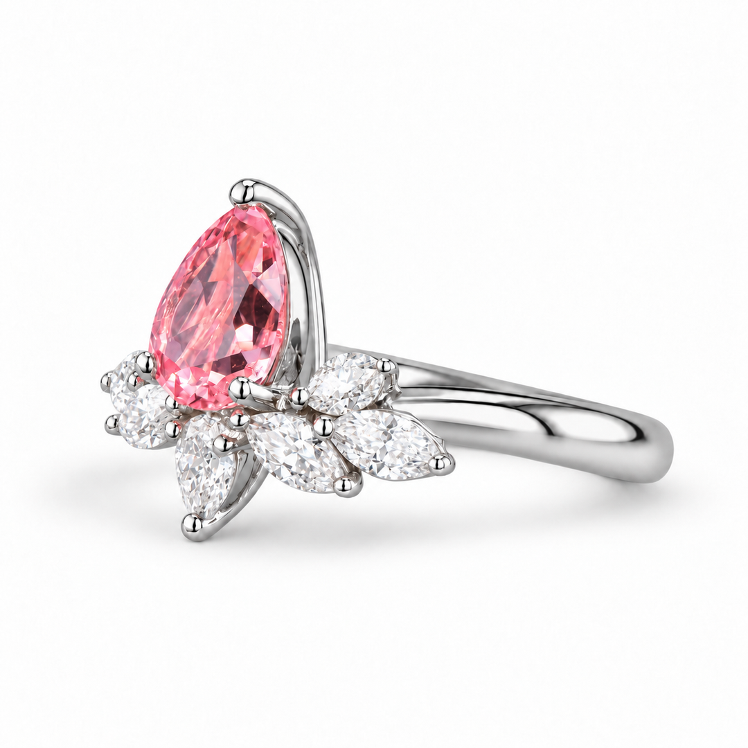 The Lily pink pear sapphire floral ring in platinum, angled view