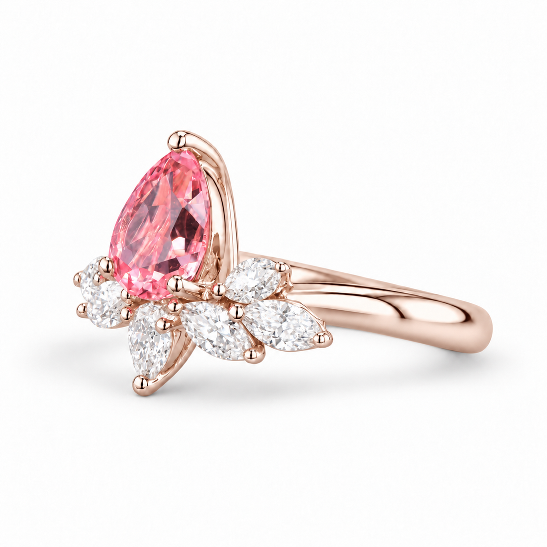 The Lily pink pear sapphire floral ring in 14K rose gold, angled view
