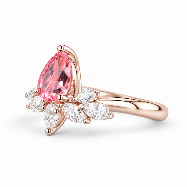 The Lily pink pear sapphire floral ring in 14K rose gold, angled view