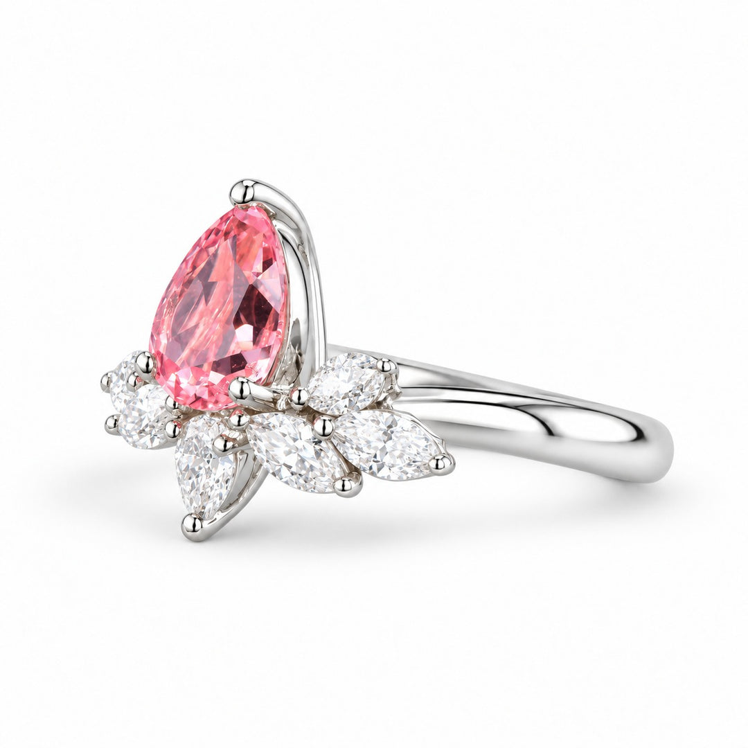 The Lily pink pear sapphire floral ring in 14K white gold, angled view