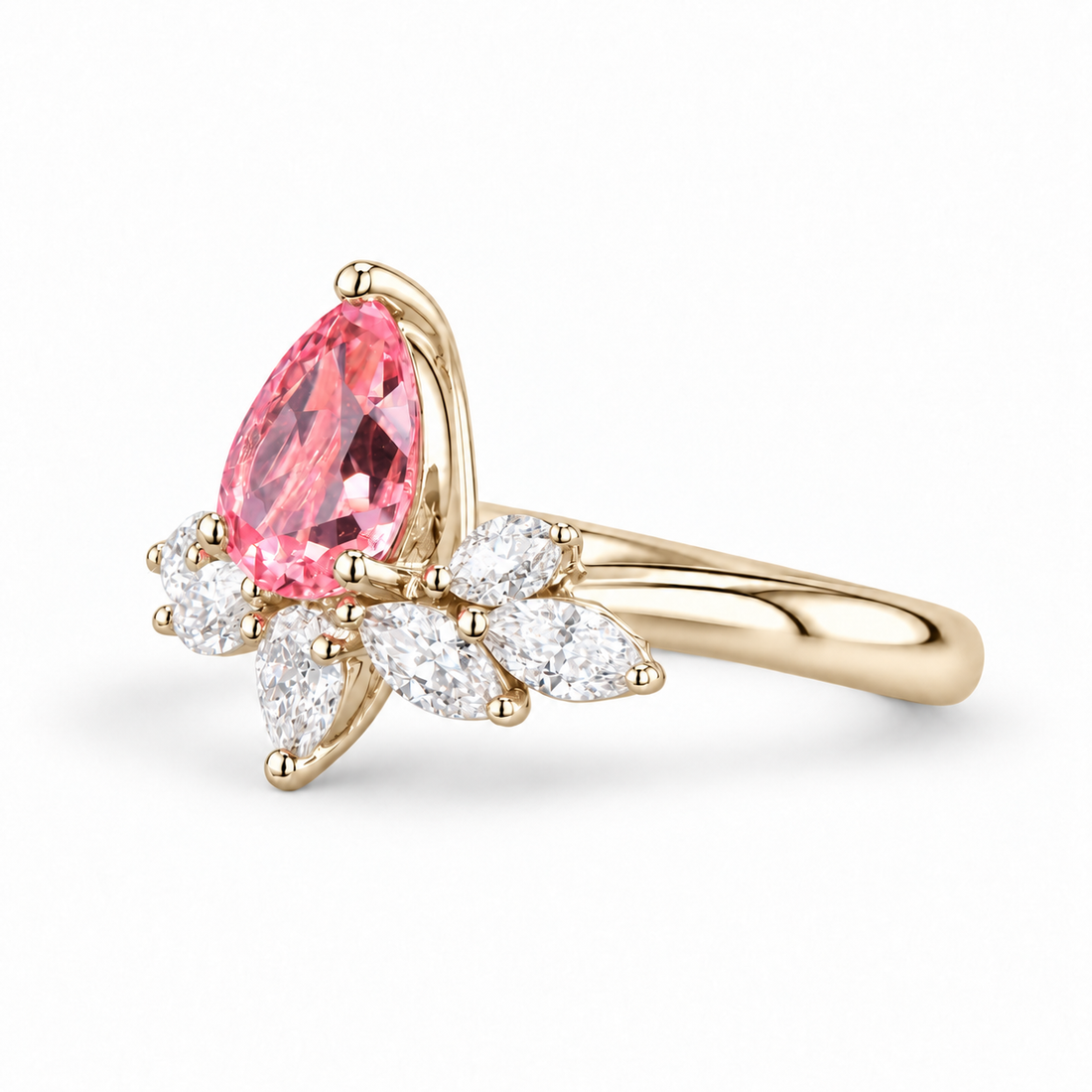 The Lily pink pear sapphire floral ring in 14K yellow gold, angled view