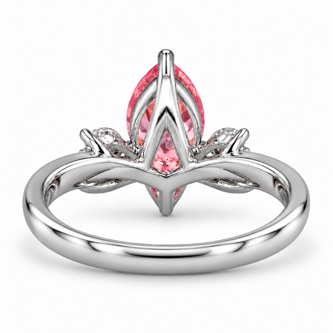 The Lily pink pear sapphire floral ring in platinum, back view