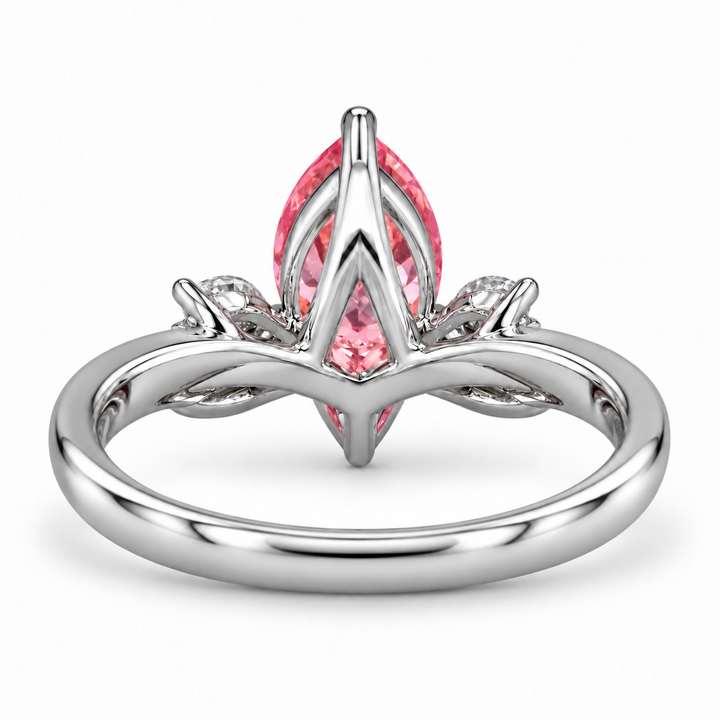 The Lily pink pear sapphire floral ring in platinum, back view