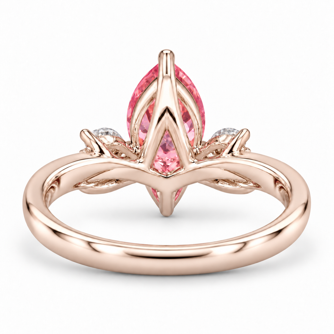 The Lily pink pear sapphire floral ring in 14K rose gold, back view