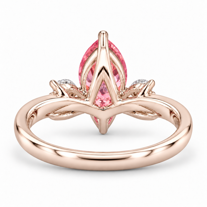 The Lily pink pear sapphire floral ring in 14K rose gold, back view