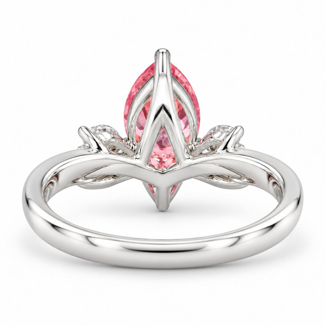 The Lily pink pear sapphire floral ring in 14K white gold, back view