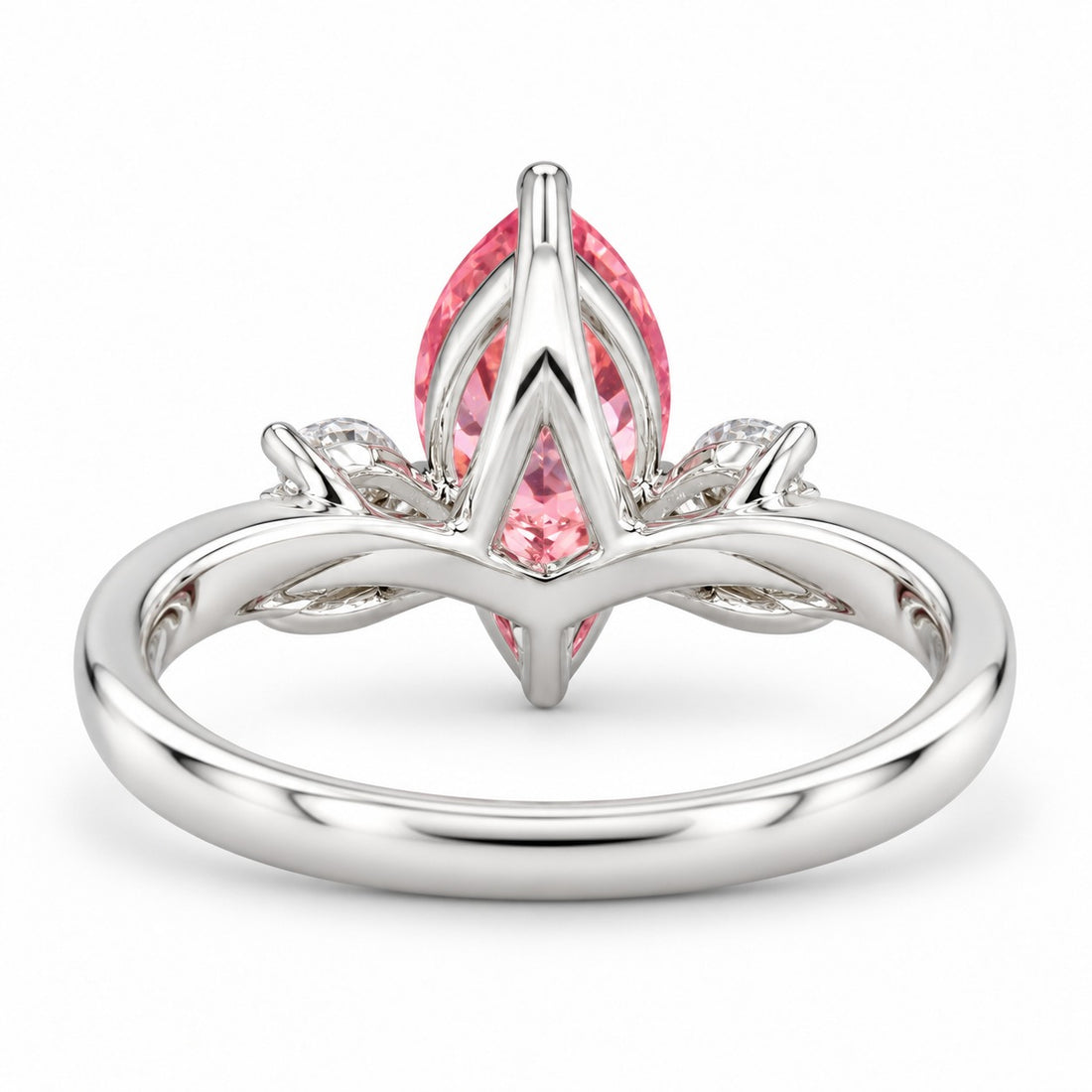 The Lily pink pear sapphire floral ring in 14K white gold, back view