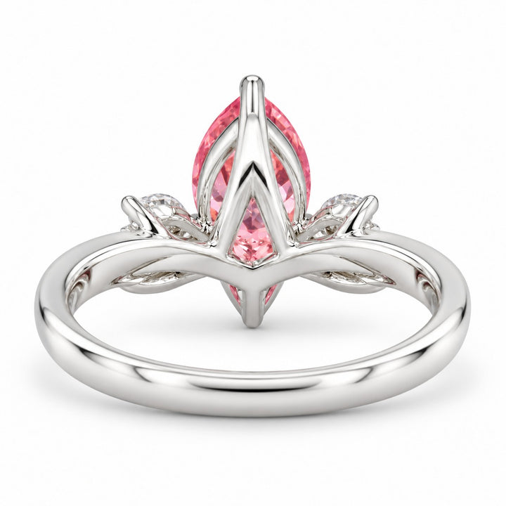The Lily pink pear sapphire floral ring in 14K white gold, back view