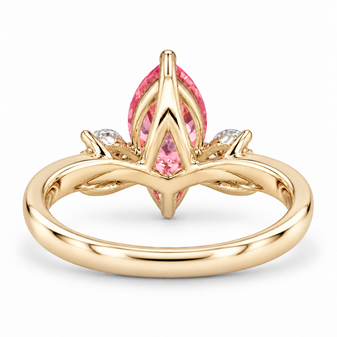 The Lily pink pear sapphire floral ring in 14K yellow gold, back view