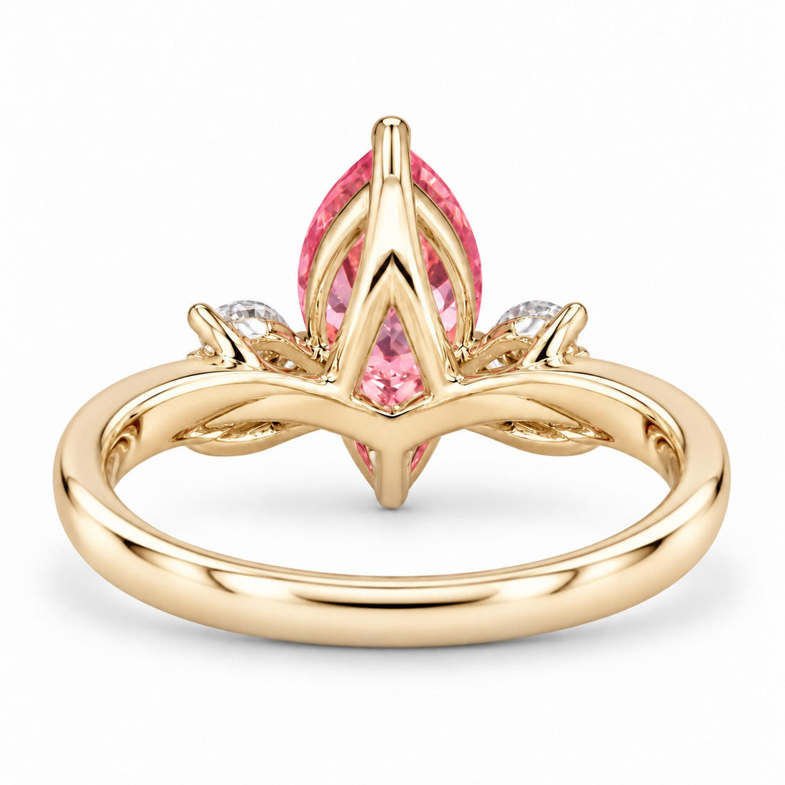 The Lily pink pear sapphire floral ring in 14K yellow gold, back view