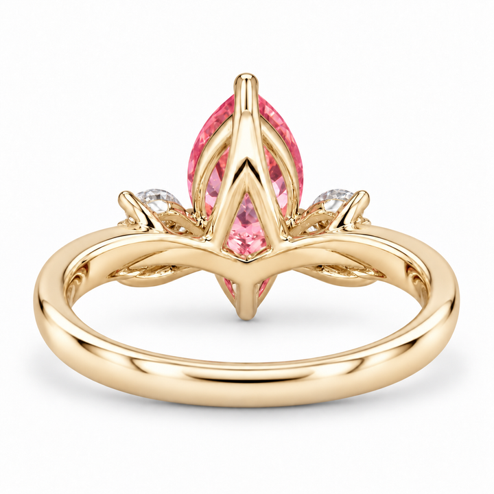 The Lily pink pear sapphire floral ring in 14K yellow gold, back view