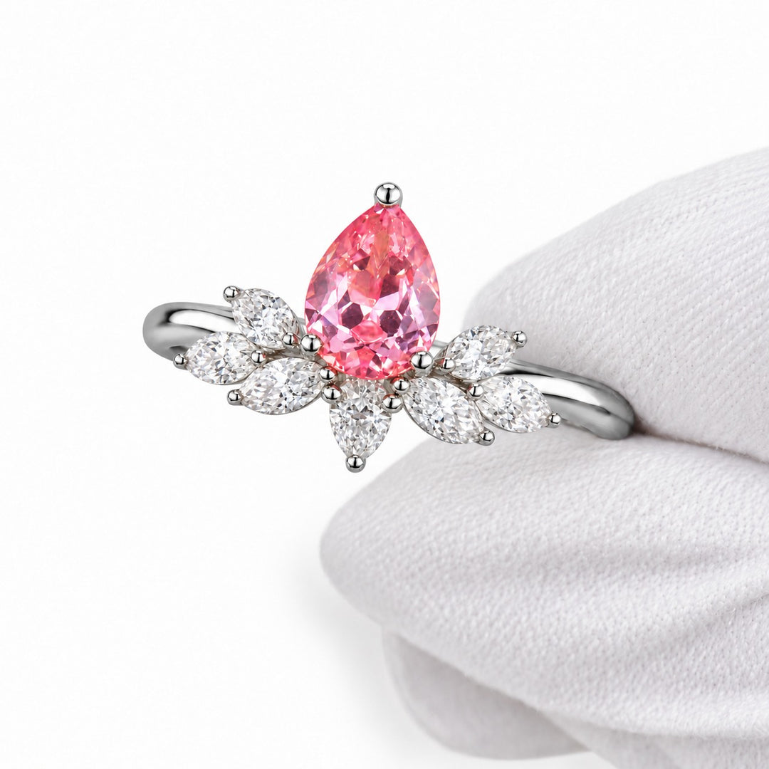 The Lily pink pear sapphire floral ring in platinum, detail view