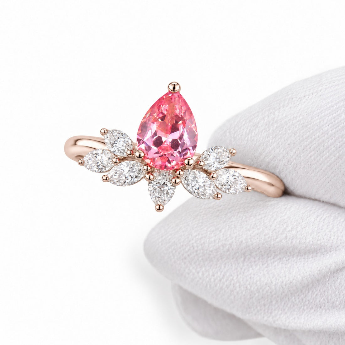 The Lily pink pear sapphire floral ring in 14K rose gold, detail view