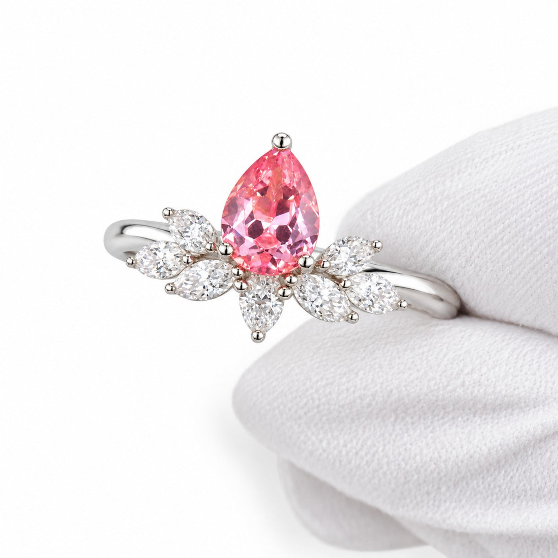 The Lily pink pear sapphire floral ring in 14K white gold, detail view