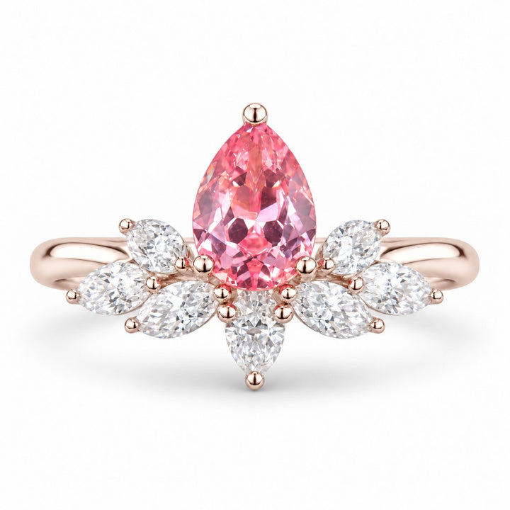 The Lily — Pink Sapphire Floral Ring in 14K rose gold, front view