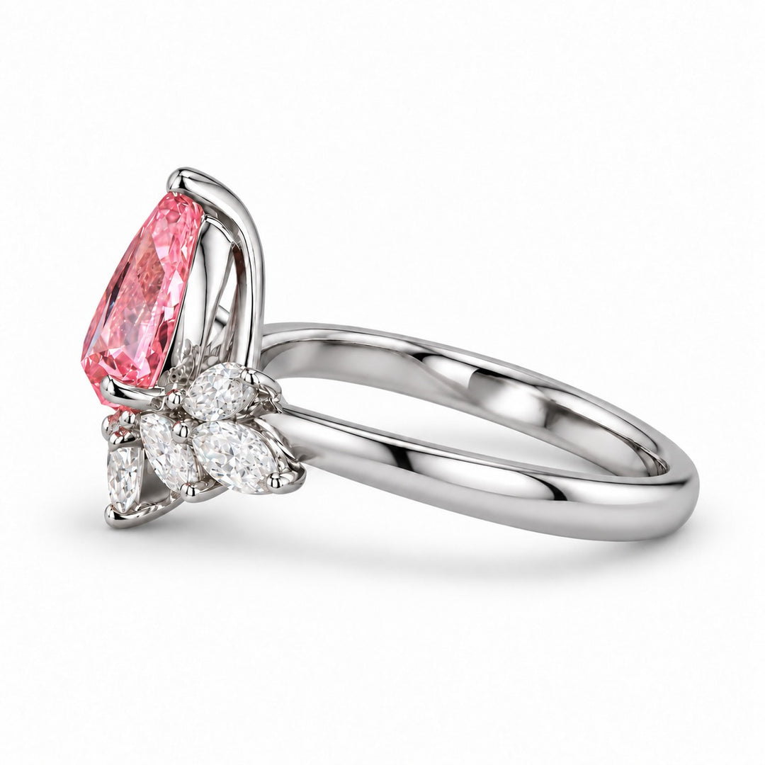 The Lily pink pear sapphire floral ring in platinum, side view