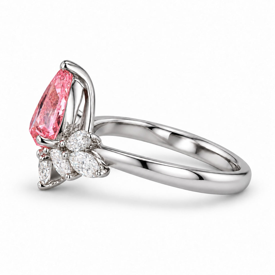 The Lily pink pear sapphire floral ring in platinum, side view
