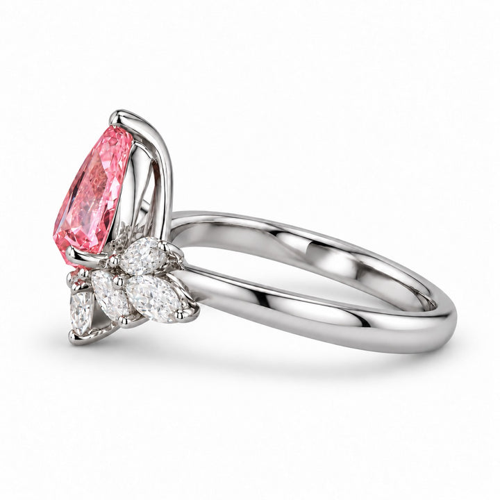 The Lily pink pear sapphire floral ring in platinum, side view