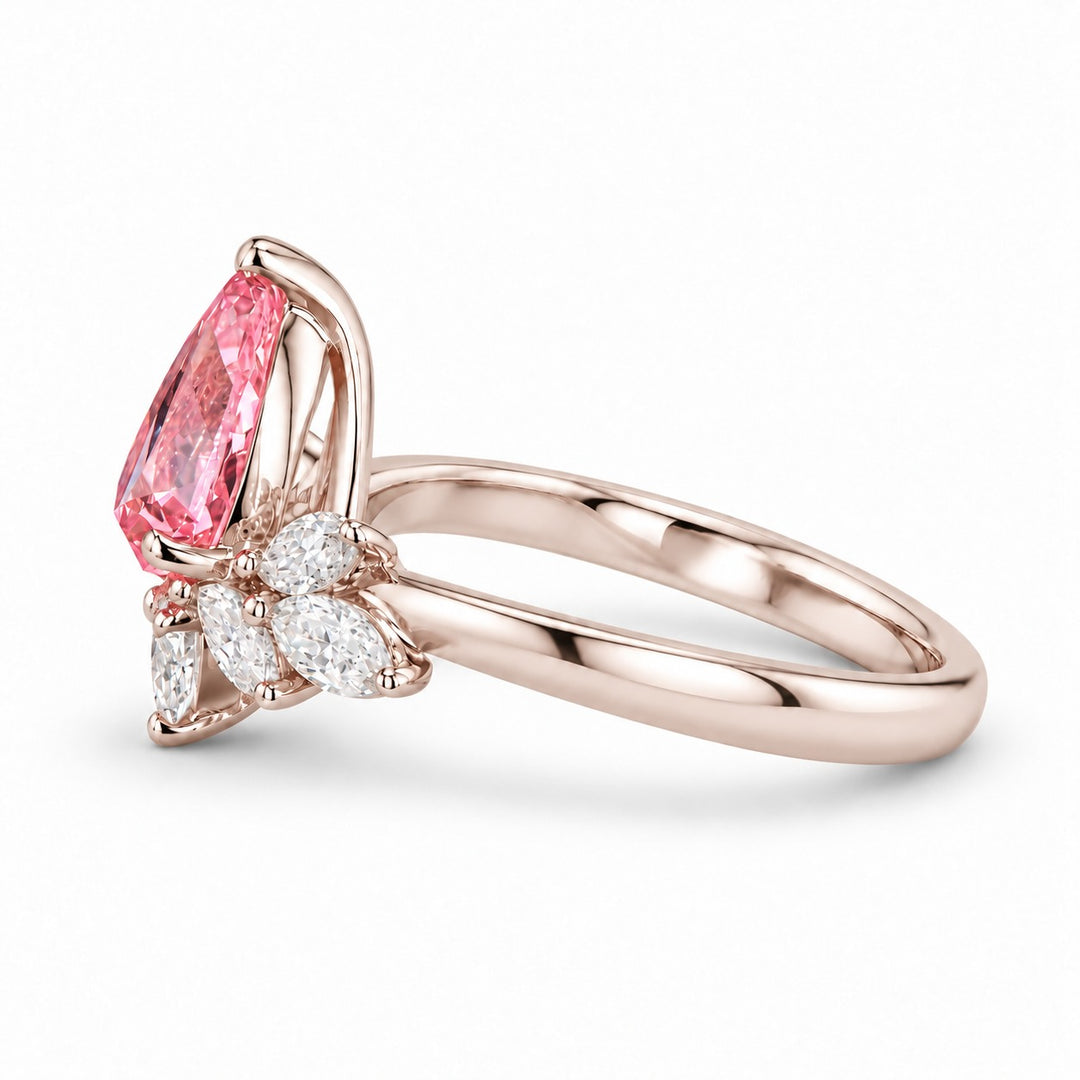 The Lily pink pear sapphire floral ring in 14K rose gold, side view