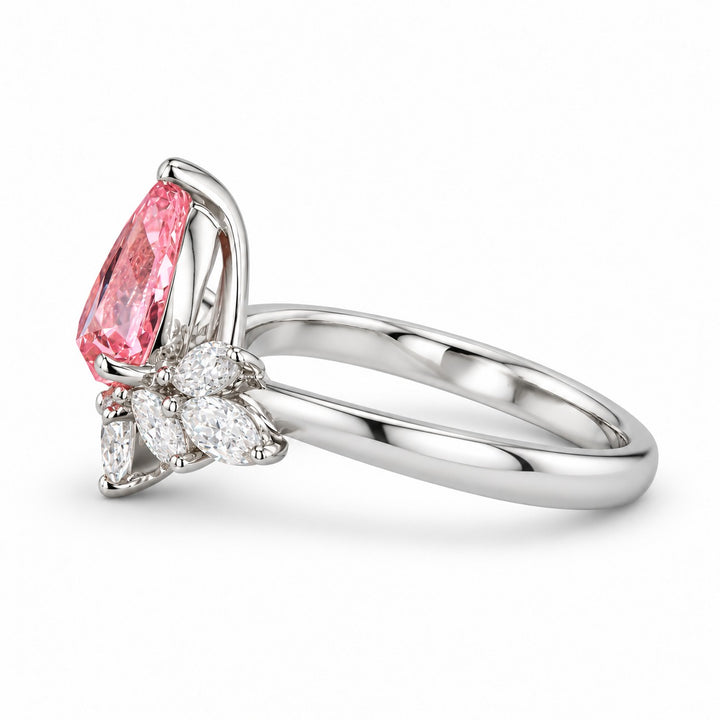 The Lily pink pear sapphire floral ring in 14K white gold, side view